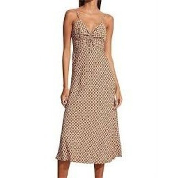 Faithfull the Brand Dresses & Skirts - Faithfull the Brand Ruched Bust Brown Orange Midi Dress Geometric Print Sz 6